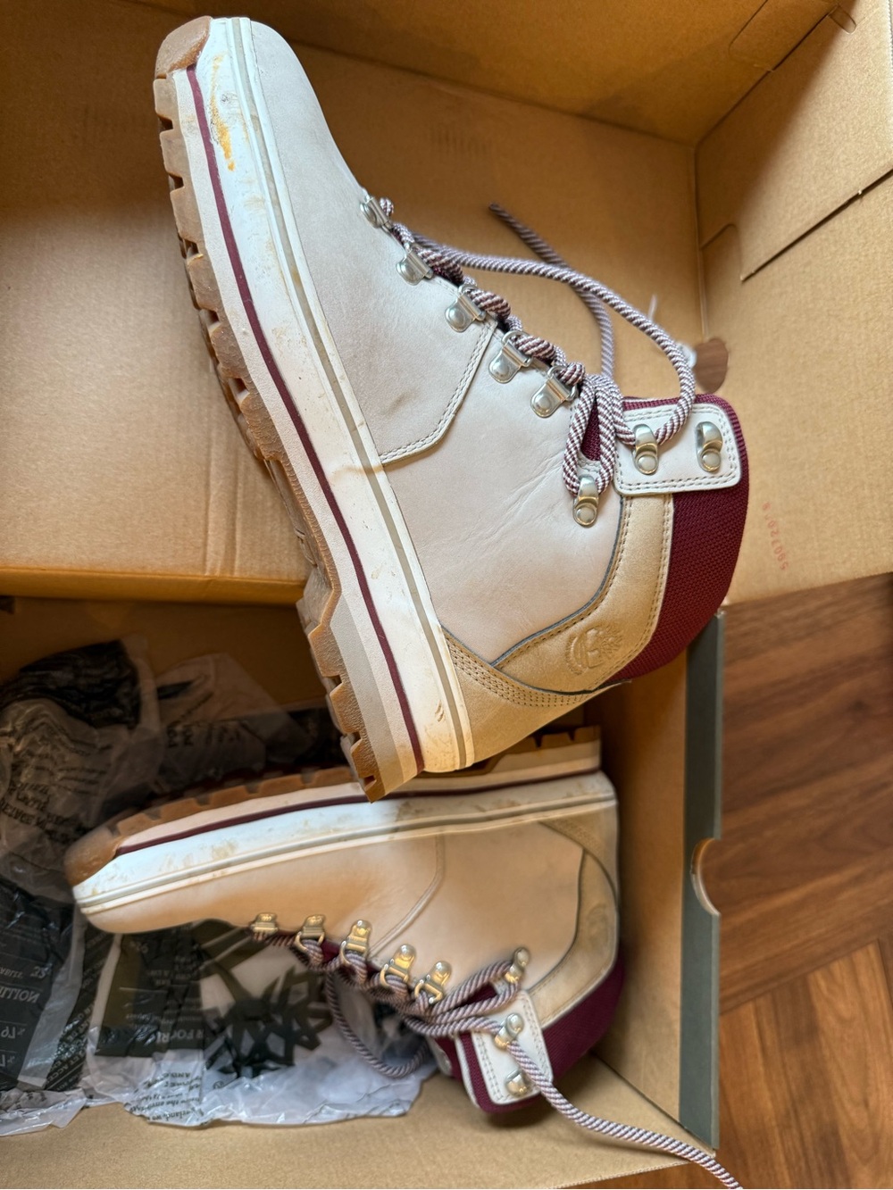 Timberland Women's Cream and Burgundy Lace-Up Hiking Boots